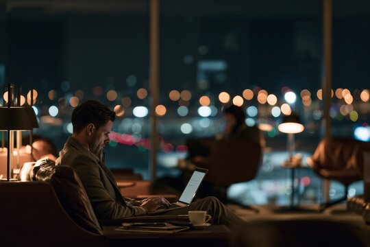 Businessman working on laptop in airport lounge at night