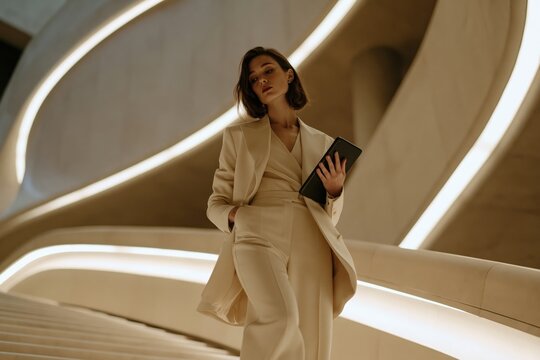 Businesswoman standing with tablet in modern architectural interior