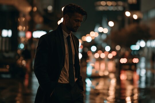 Businessman contemplating in city street at night