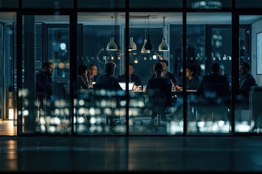 Business people collaborating during late night board room meeting