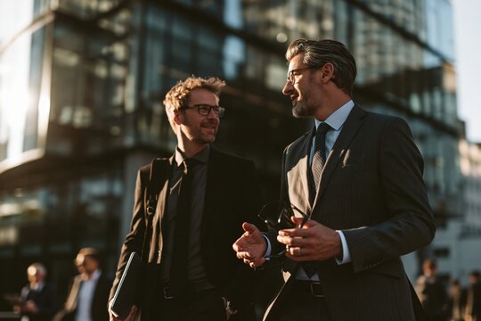 Businessmen having conversation outdoors against office building