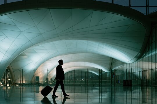 Businessman silhouette pulling luggage in modern airport terminal