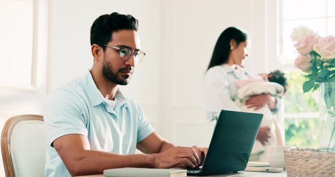 Laptop, family and businessman with glasses in home with remote work for web development review. Technology, freelance and software engineer with email feedback frontend project in apartment.