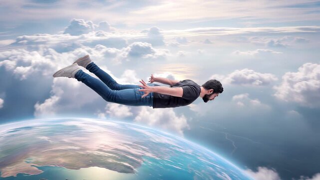 Bearded man falling through white clouds above planet earth. Surreal dream concept with wide shot and tilting camera movement.