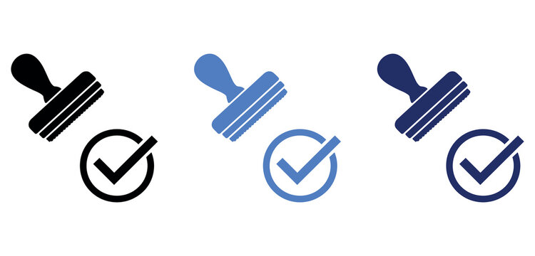Set of approved rubber stamp and check mark icons in different colors for business design.