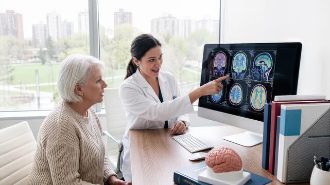 Female neurologist explaining brain scan results to senior patient. Medical consultation in modern clinic with city view. Lockdown shot.