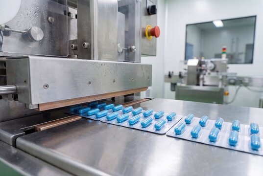 Pharmaceutical manufacturing plant machine producing blue capsule pills