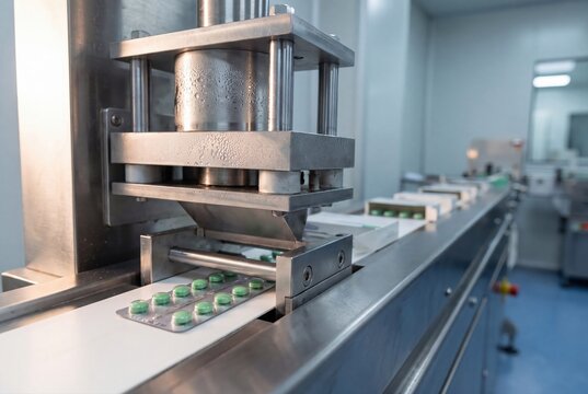 Pharmaceutical manufacturing machine producing blister packs with pills