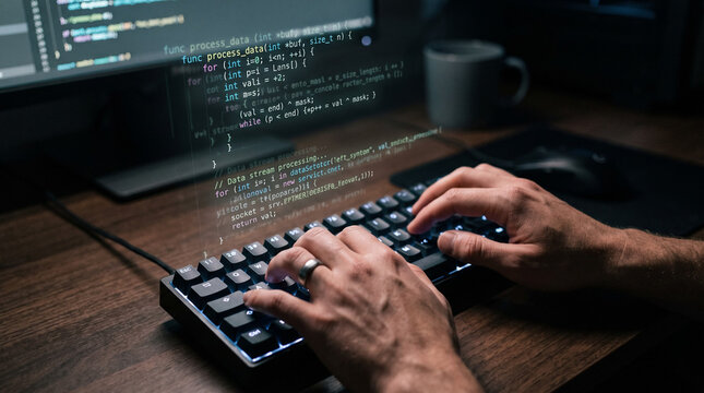 Software developer coding on mechanical keyboard with computer programming code on monitor