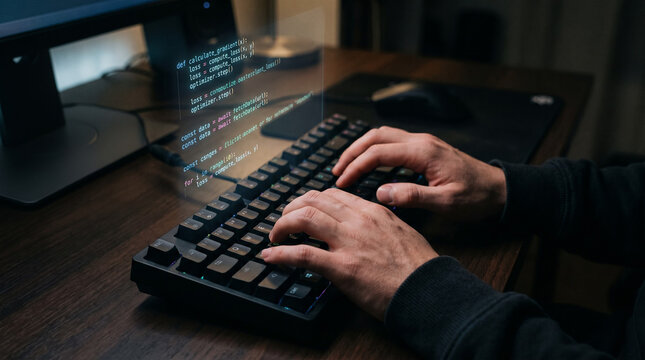Software developer coding on mechanical keyboard with computer programming code on monitor