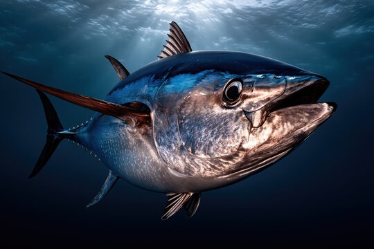 Bluefin tuna fish swimming underwater in deep ocean with sun rays