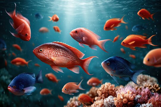 Colorful tropical fish swimming in clear blue ocean water with sunlight