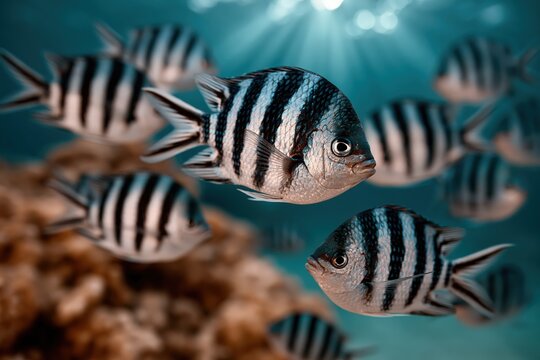 Striped sergeant fish school swimming in blue ocean water underwater