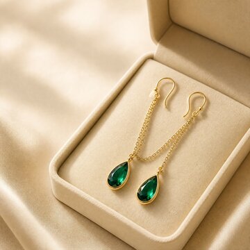 Teardrop dangle earrings displayed in a cream jewelry box