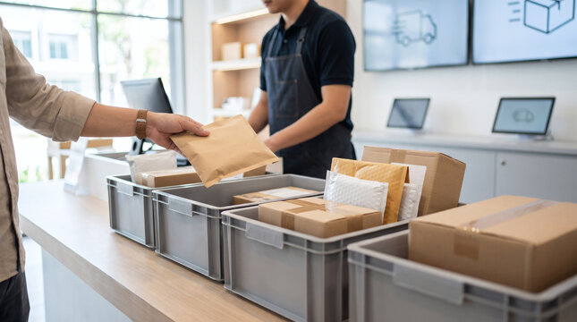 Customer dropping off a parcel envelope package at the courier service counter for delivery and shipping in modern post office