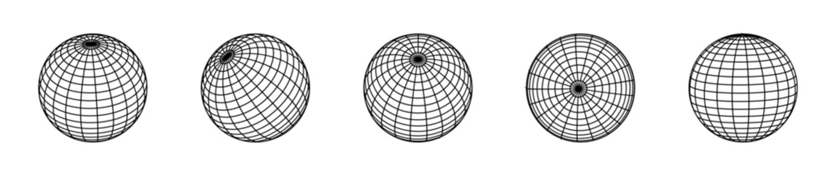 Wireframe spheres with grid lines representing global navigation and data visualization