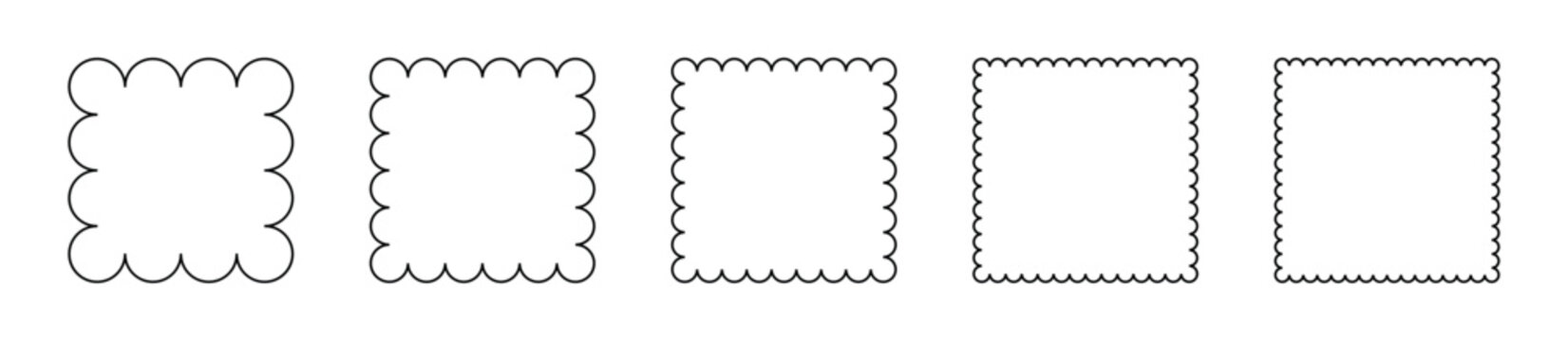 Five different square outlines with scalloped edges in a row