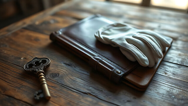 Ancient church key, leather schedule, and white gloves on old oak table.