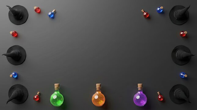 Halloween background with witch hats and colorful magic potion bottles arranged as a frame on black