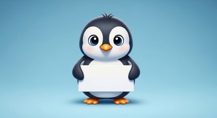 Obraz premium Adorable cartoon penguin character holding a blank sign on a blue background