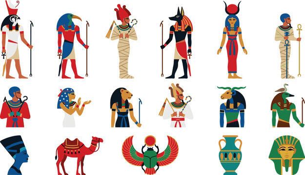 Ancient Egyptian gods and deities vector illustration set featuring Anubis Horus Osiris Isis pharaoh mummy scarab beetle and camel on white background