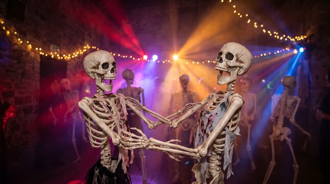 Dancing Skeletons at Colorful Neon Halloween Night Party
