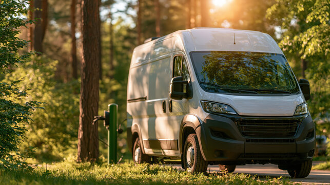 White delivery vehicle parked on forest path in bright sunlight nature