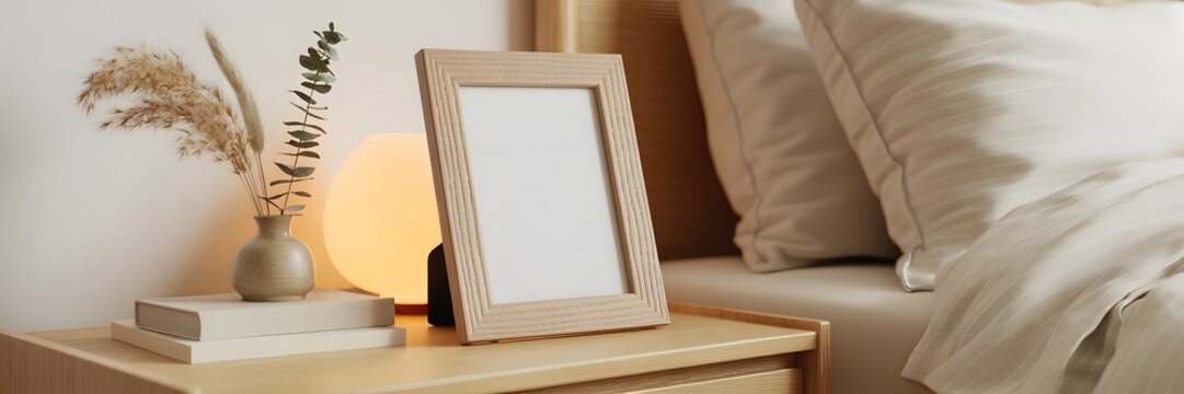Blank wooden picture frame on a nightstand with a contemporary lamp and soft bedroom textiles