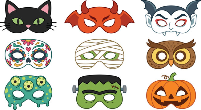 Halloween costume mask collection featuring cat, devil, vampire, sugar skull, mummy, owl, zombie, Frankenstein, and jack-o-lantern face designs