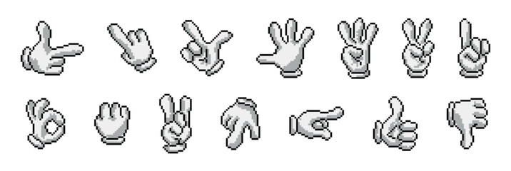 Fototapeta premium Pixel art cartoon hands showing various gestures and numbers in a grid