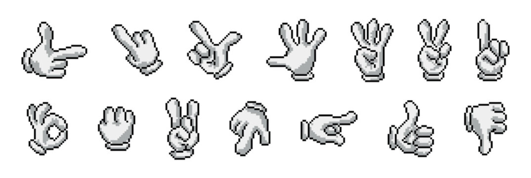 Pixel art cartoon hands showing various gestures and numbers in a grid