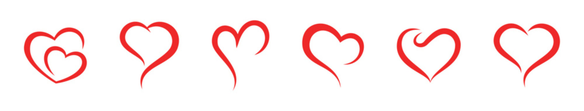 Collection of six elegant red heart outlines with flowing curves on a white background