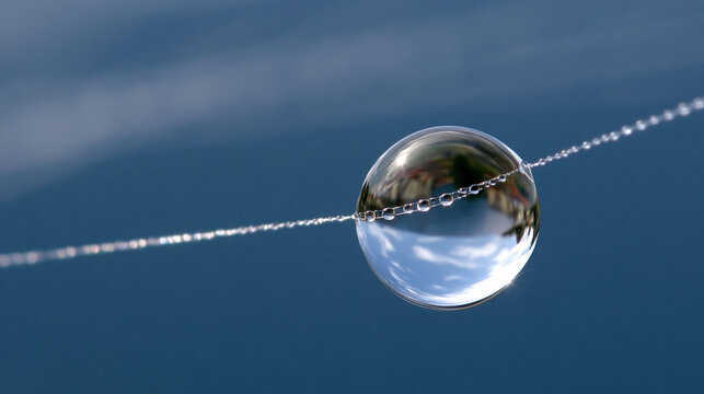 Close-up of transparent water droplet suspended on delicate spider silk thread