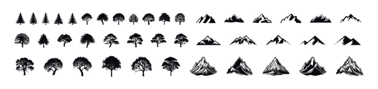 Collection of stylized trees and mountain range silhouettes for design