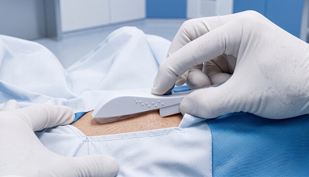 A detailed close-up shot focusing on the gloved hands of a medical professional as they operate the contraceptive implant applicator during insertion into a patient's arm. The specific design features
