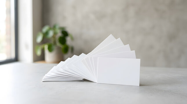 Blank white business cards fanned out on a grey stone surface with a potted plant in the background