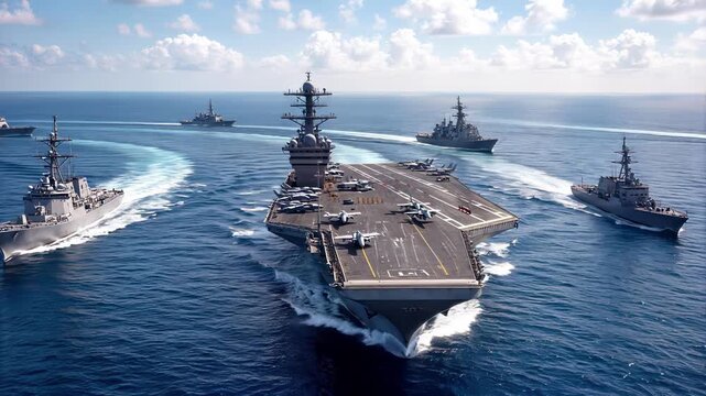 Aircraft carrier strike group sailing in formation across deep blue ocean. High angle aerial view of naval fleet.