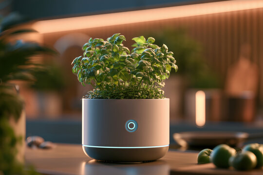 Smart indoor herb plant growing in modern white pot with blue light