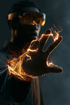 Mann mit VR-Brille erlebt virtuelles Feuer, das aus seiner Hand str&ouml;mt, dunkle Szene f&uuml;r Virtual Reality und Technologiethemen.