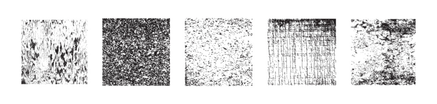 Collection of five distinct black and white grunge texture overlays for design