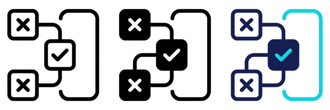 Decision tree flowchart icons, logical process diagram symbols, workflow selection vector set for business planning