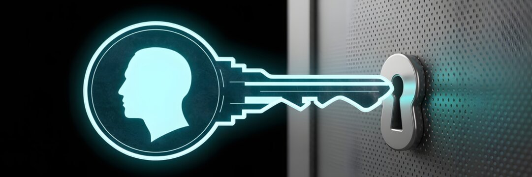 Digital identity key with glowing human head profile entering a secure metal keyhole to unlock access