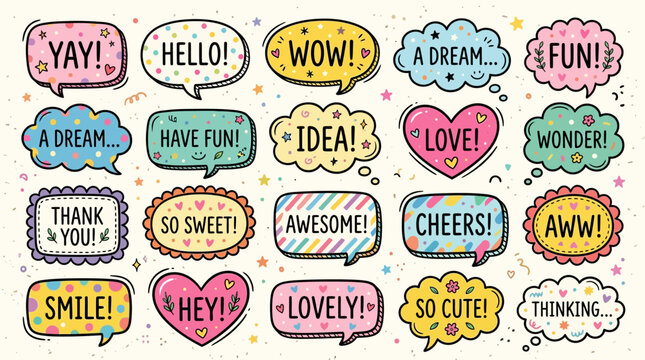 A vibrant collection of hand-drawn speech and thought bubbles with positive expressions and doodle decorations, perfect for communication and design.