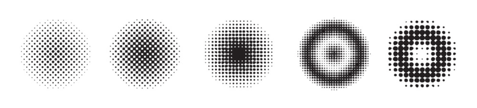 Collection of five abstract halftone patterns with varying dot density and shapes
