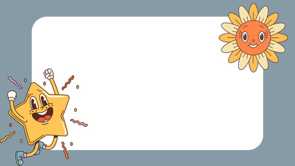 Fototapeta premium Retro cartoon frame with star and sun characters, vintage aesthetic border, blank copy space for text and social media announcements
