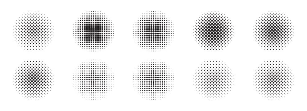 Collection of halftone dots and squares forming circles on a white background