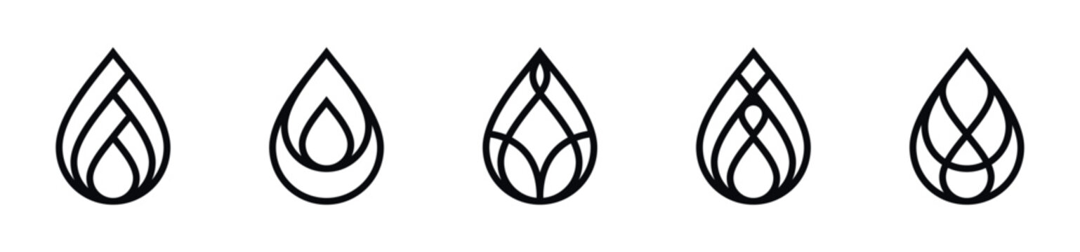 Set of five abstract water drop logos with elegant line art designs