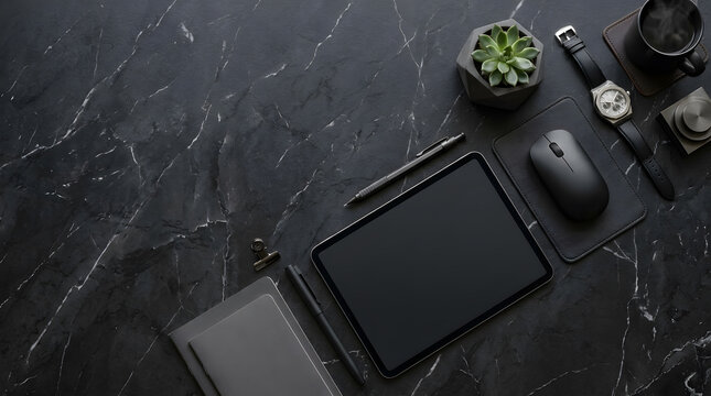 Overhead flat lay of dark office desk with tablet, notebook, succulent, and coffee on black marble surface with copy space