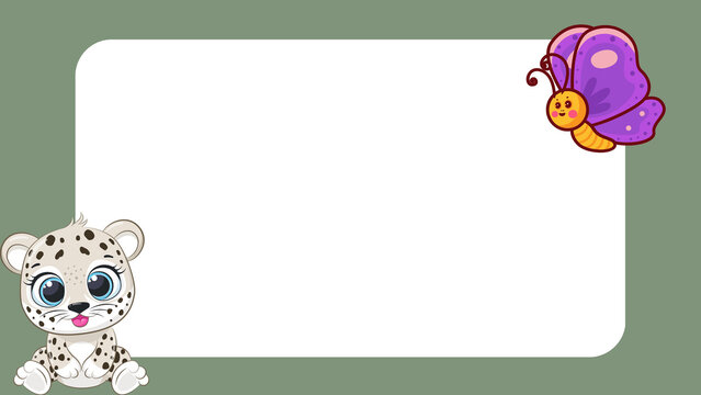 Cartoon leopard frame with butterfly, cute animal border for kids, white copy space on green background, nursery message template