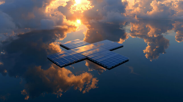 Futuristic solar panel array floating on reflective water surface at sunset
